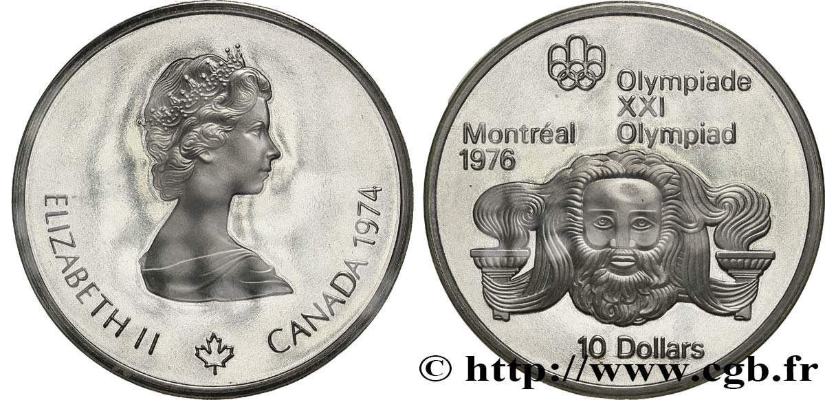 CANADá
 10 Dollars Proof JO Montréal 1976 tête de Zeus / Elisabeth II 1974  FDC 
