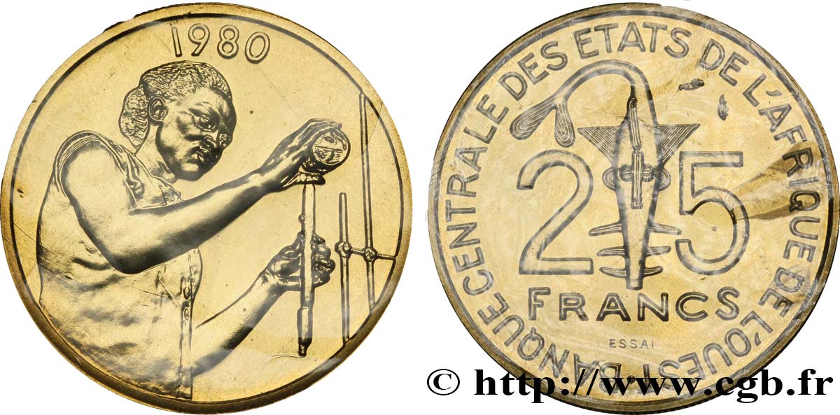 WEST AFRICAN STATES (BCEAO) Essai de 25 Francs masque / femme F.A.O. 1980 Paris MS 