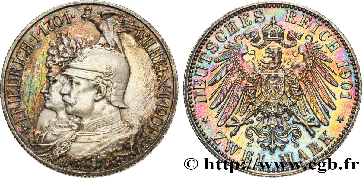 GERMANY - PRUSSIA 2 Mark Royaume de Prusse Guillaume II 200e anniversaire de la Prusse / aigle.. 1901 Berlin AU 