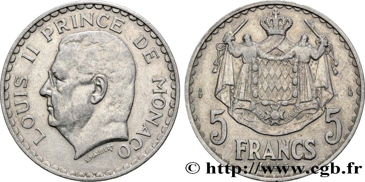 MONACO 5 Francs Louis II / armoiries 1945 Paris SS 