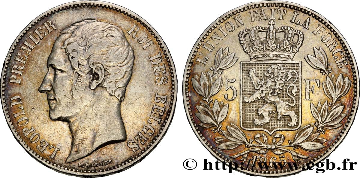 BÉLGICA 5 Francs Léopold Ier tête nue tranche A 1865  BC+ 