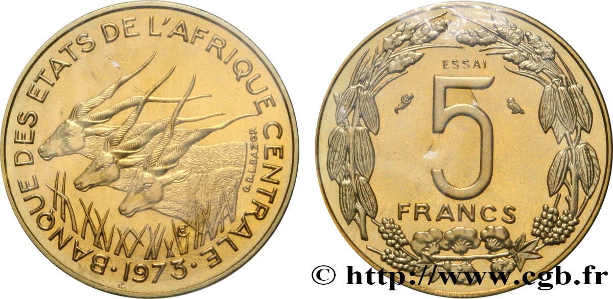 STATI DI L  AFRICA CENTRALE Essai de 5 Francs antilopes 1973 Paris MS 