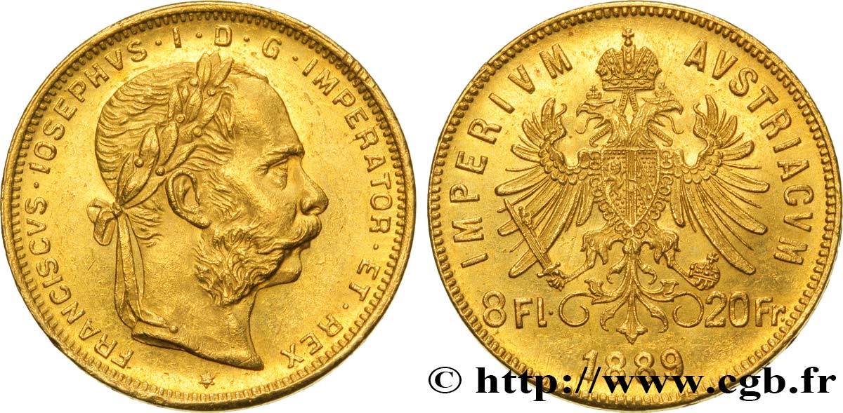 AUSTRIA 8 florins ou 20 francs François-Joseph Ier 1889 Vienne SPL 