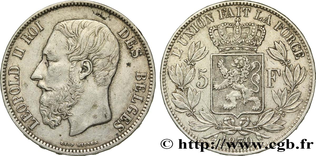 BELGIUM 5 Francs Léopold II tranche A 1870  VF 