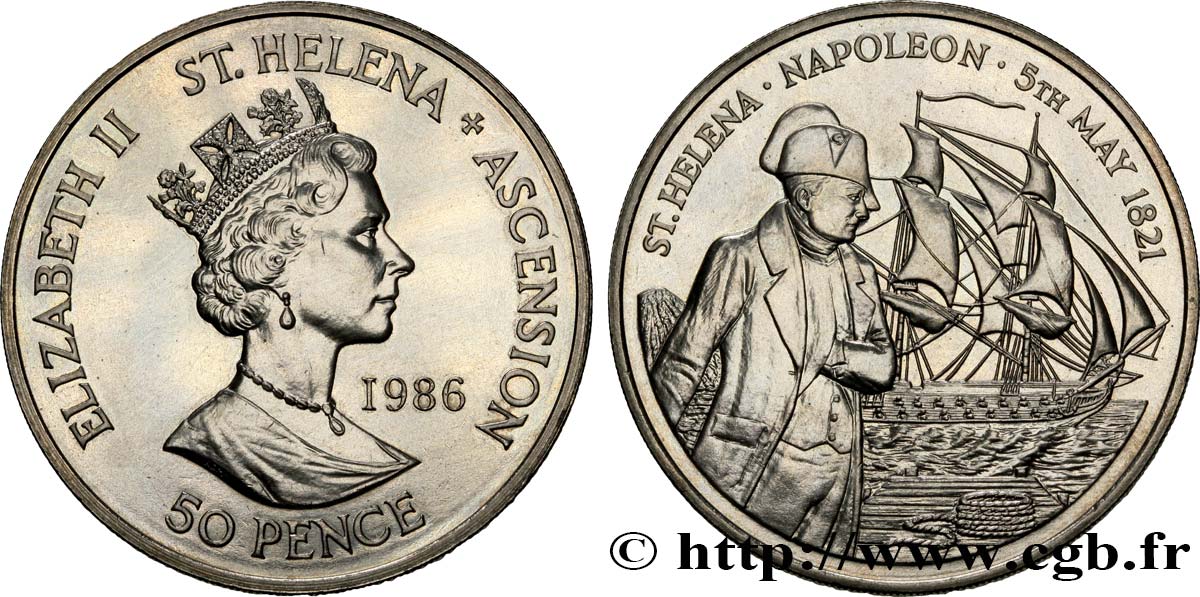 SAINTE HÉLÈNE ET ASCENSION 50 Pence (1 Crown) 125e anniversaire de la mort de Napoléon Ier 1986  SPL 