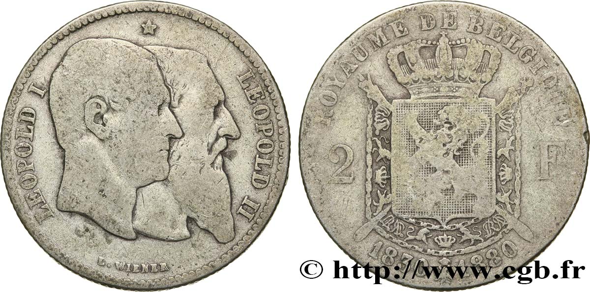 BELGIEN 2 Francs 50e anniversaire de l’indépendance 1880  S 