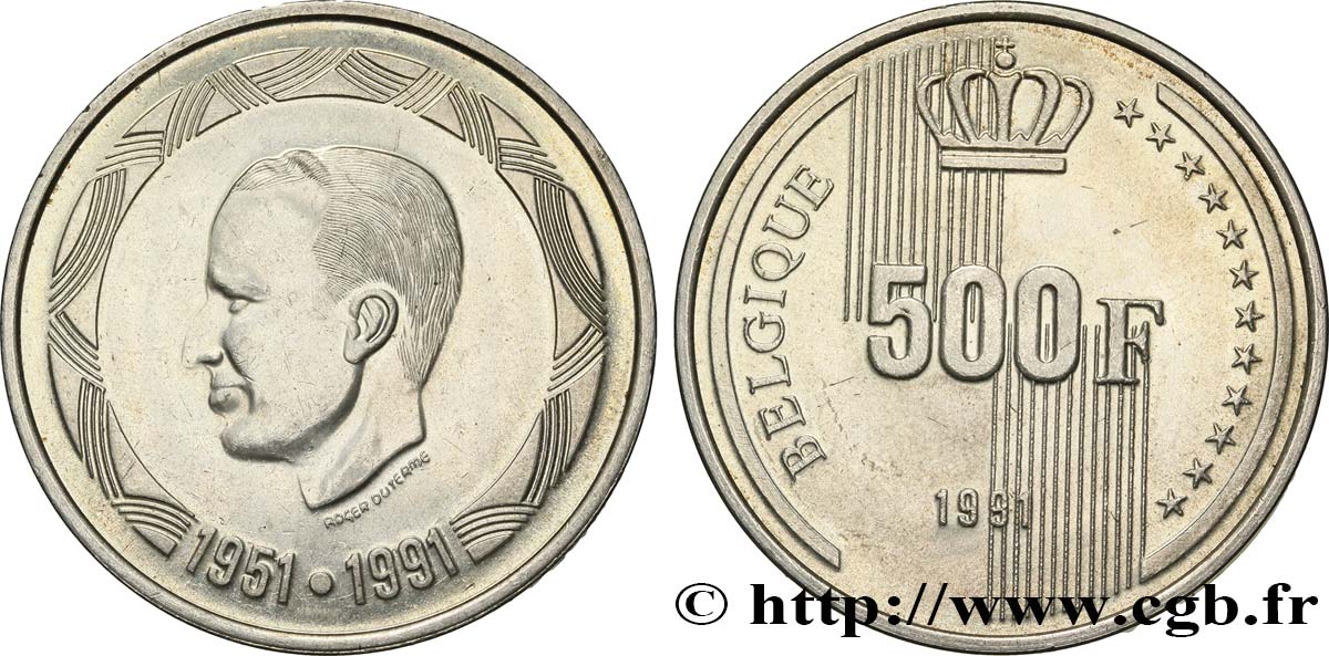 BELGIEN 500 Francs légende française 40 ans de règne du roi Baudouin 1991 Bruxelles VZ 