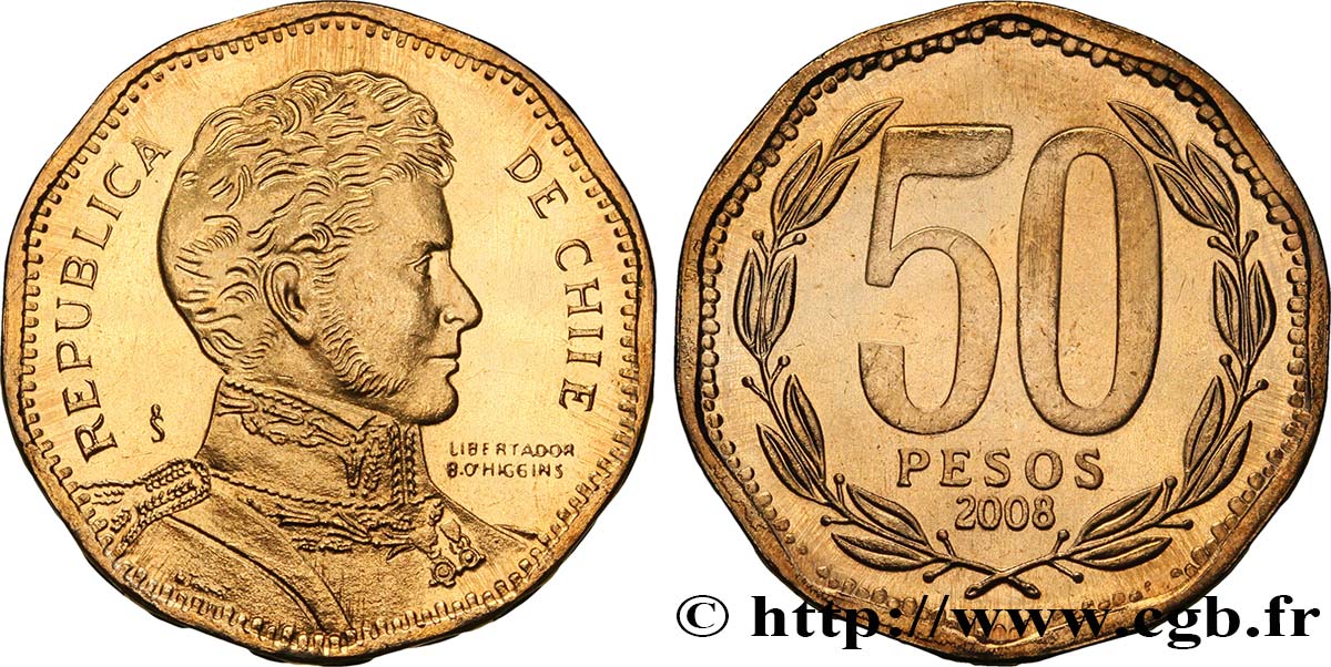 CILE 50 Pesos Bernardo O’Higgins erreur frappe “CHIIE” 2008 Santiago - S° MS 