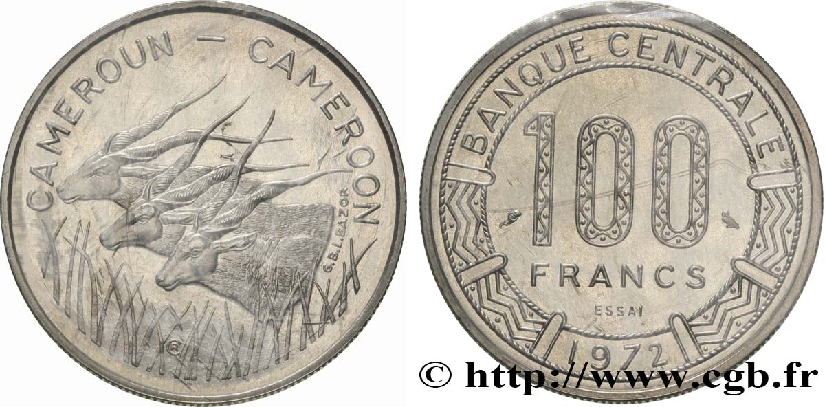 CAMERúN Essai de 100 Francs légende bilingue, type Banque Centrale, antilopes 1972 Paris FDC 