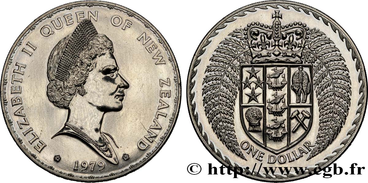 NUEVA ZELANDA
 1 Dollar Elisabeth II / Emblème couronné entouré de fougères 1979 Monnaie Royale du Canada EBC 