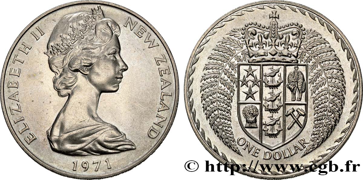 NOUVELLE-ZÉLANDE 1 Dollar Elisabeth II / Emblème couronné entouré de fougères 1971 British Royal Mint, Llantrisant SUP 