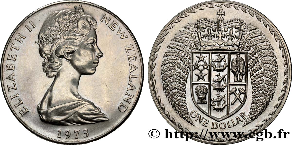 NEW ZEALAND 1 Dollar Elisabeth II / Emblème couronné entouré de fougères 1973 Canberra MS 