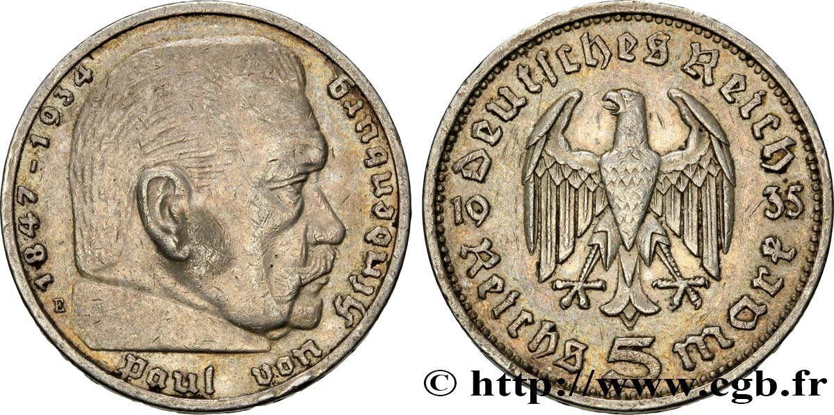 ALEMANIA 5 Reichsmark Maréchal Paul von Hindenburg 1935 Muldenhütten - E MBC 