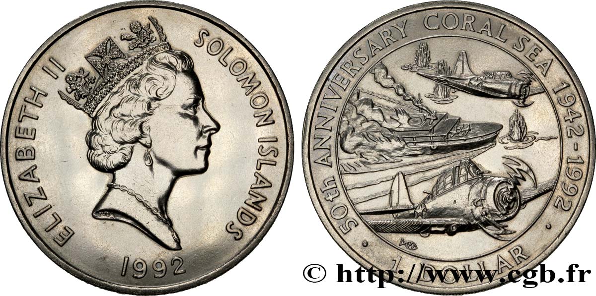 ISLAS SOLOMóN 1 Dollar 50e anniversaire de la Bataille de la Mer de Corail 1992  EBC 