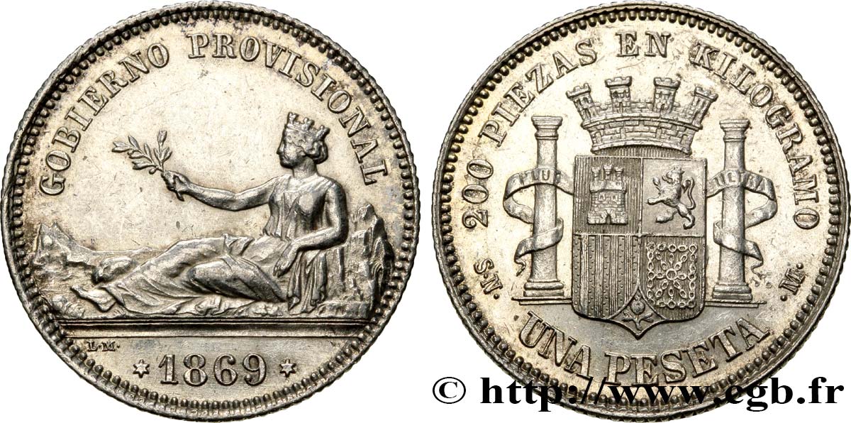 SPAIN 1 Peseta monnayage provisoire avec mention “Gobierno Provisional” 1869 Madrid AU 