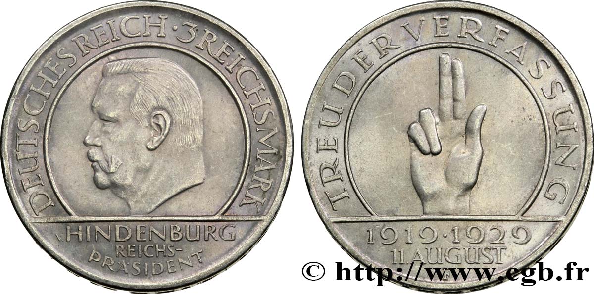 ALLEMAGNE 3 Reichsmark 10e anniversaire de la République  1929 Stuttgart SPL 