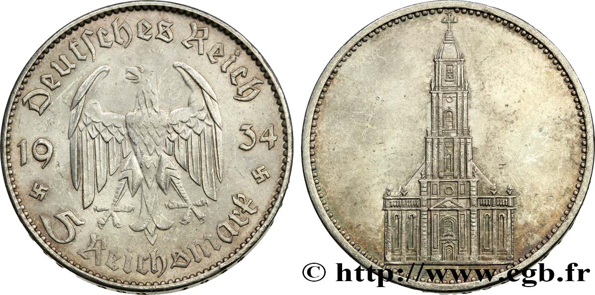 GERMANY 5 Reichsmark église de la garnison de Potsdam 1934 Stuttgart MS 