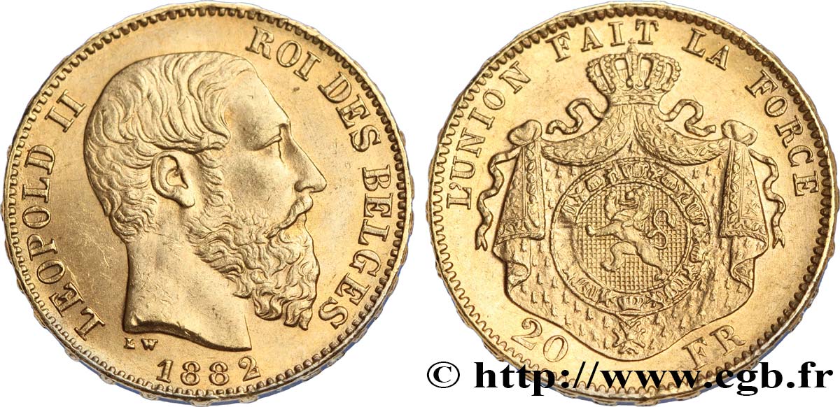 BELGIEN 20 Francs Léopold II 1882 Bruxelles fST64 