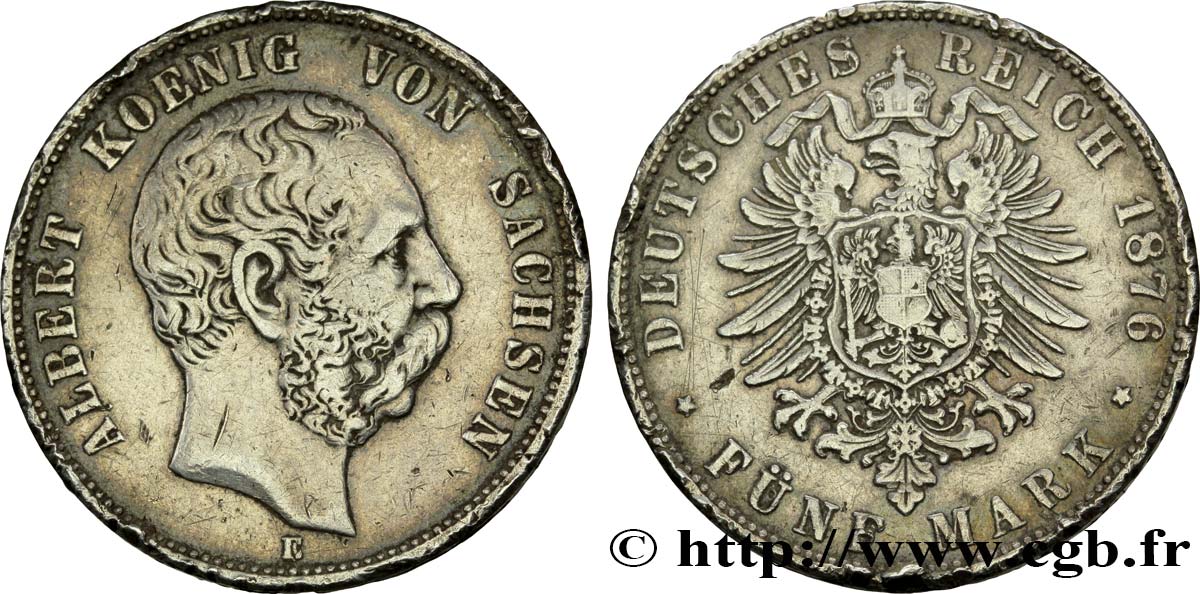GERMANIA - SASSONIA 5 Mark roi Albert de Saxe 1876 Muldenhütten q.BB 