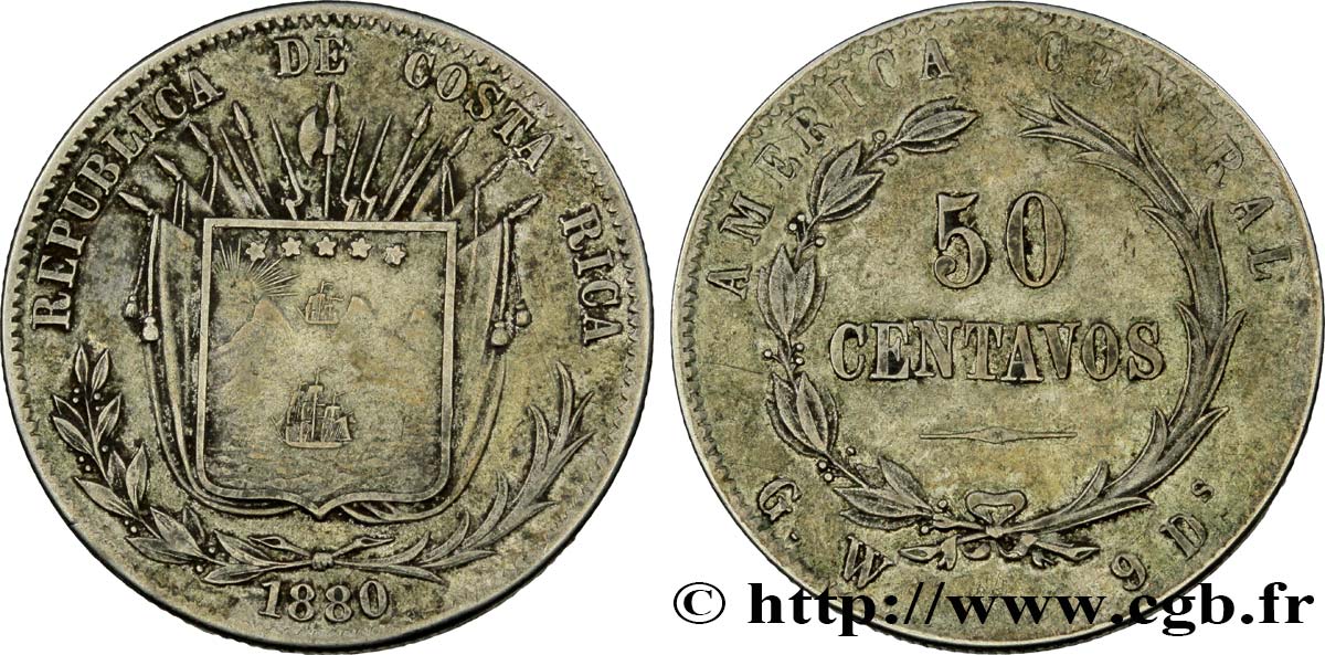 COSTA RICA 50 Centavos 1880  VF 