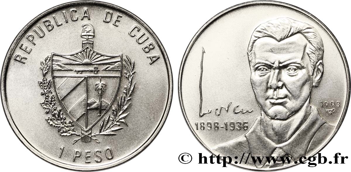 CUBA 1 Peso Federico García Lorca 1993 La Havane MS 