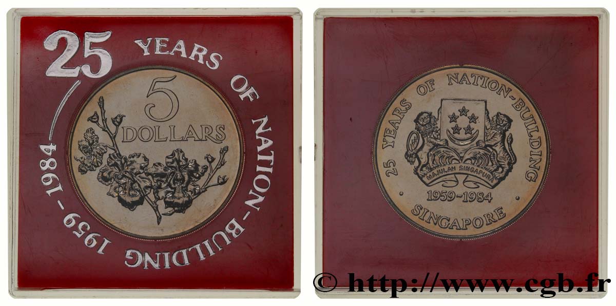 SINGAPUR 5 Dollars 17e anniversaire de la construction de la nation : emblème / Rameau fleuri 1984  ST 