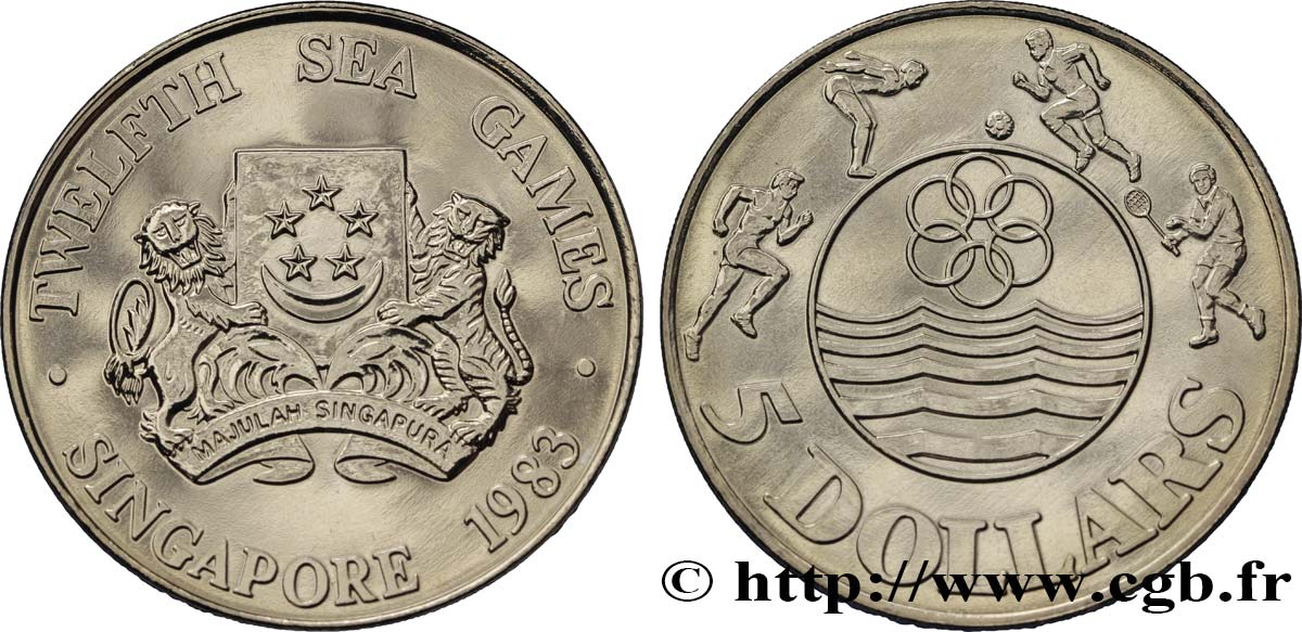 SINGAPUR 5 Dollars 12e jeux de l’Asie du Sud-Est : emblème / sportifs et logo de la fédération 1983  ST 