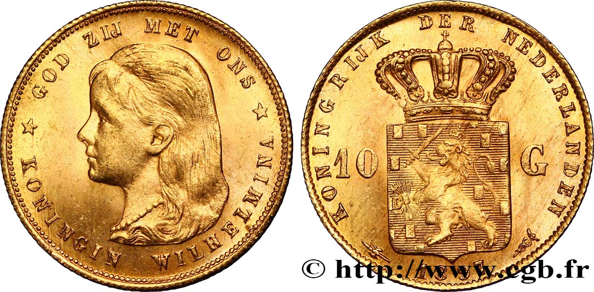PAYS-BAS 10 Gulden or Reine Wilhelmina 1897 Utrecht SPL 