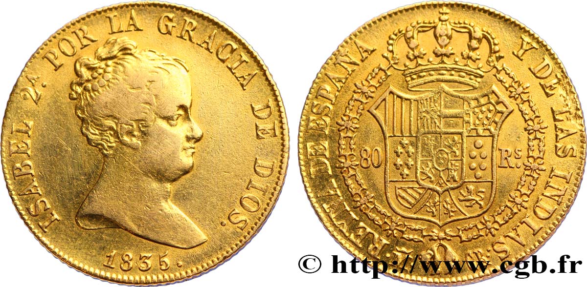SPAIN 80 Reales Isabelle II 1835 Madrid VF/XF 