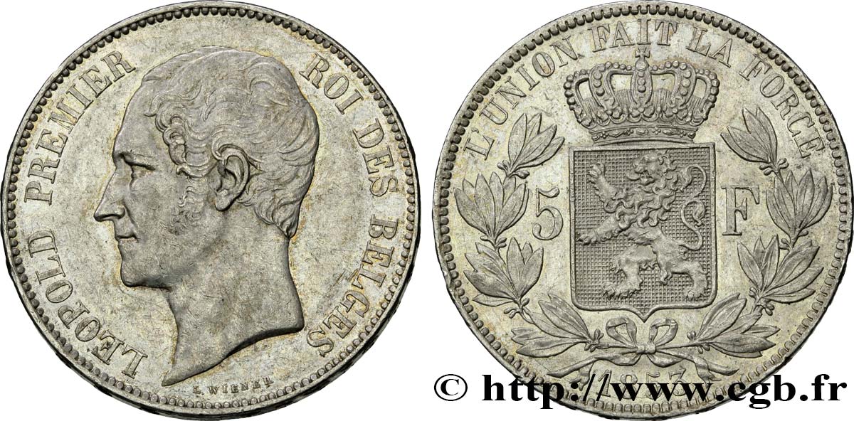 BELGIO 5 Francs Léopold Ier tête nue 1853  SPL 