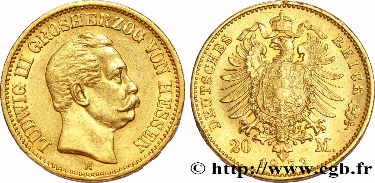 ALEMANIA - HESSE 20 Mark or, 1er type 1873 Darmstadt EBC 