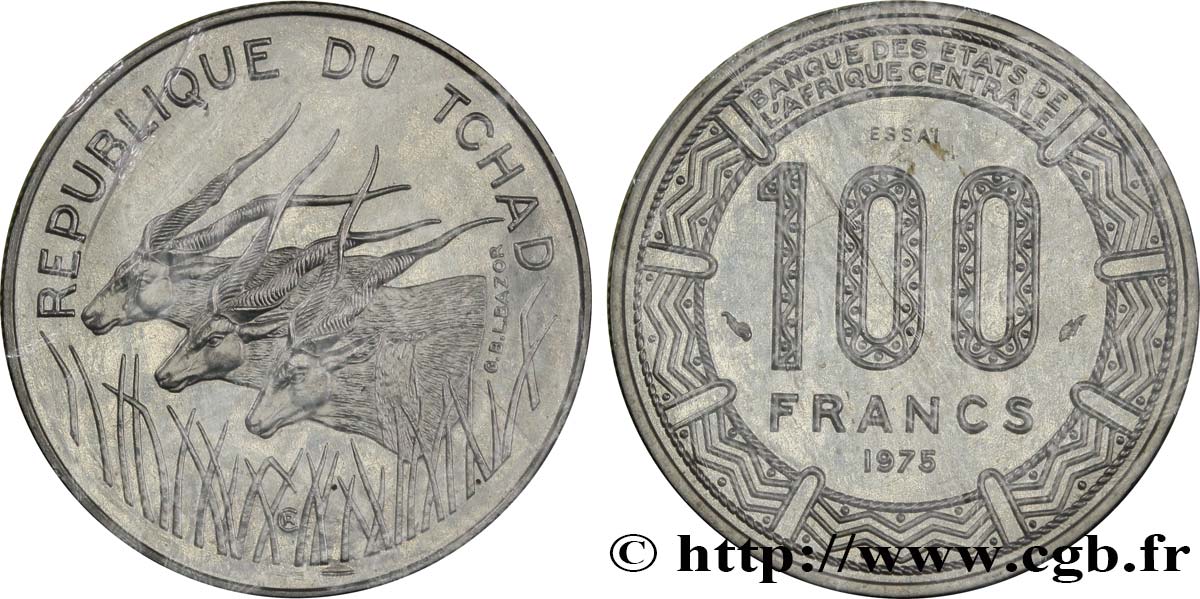 REPúBLICA DEL CONGO Essai de 100 Francs type “BCEAC”, antilopes 1975 Paris FDC 