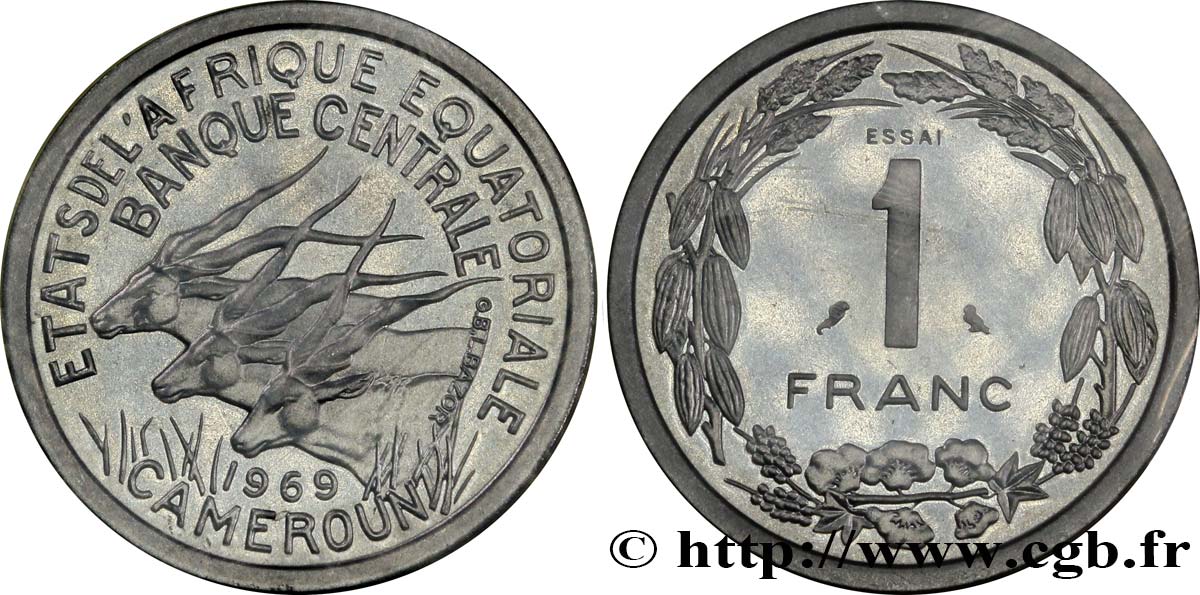 ÁFRICA ECUATORIAL  Essai de 1 Franc antilopes 1969  FDC 