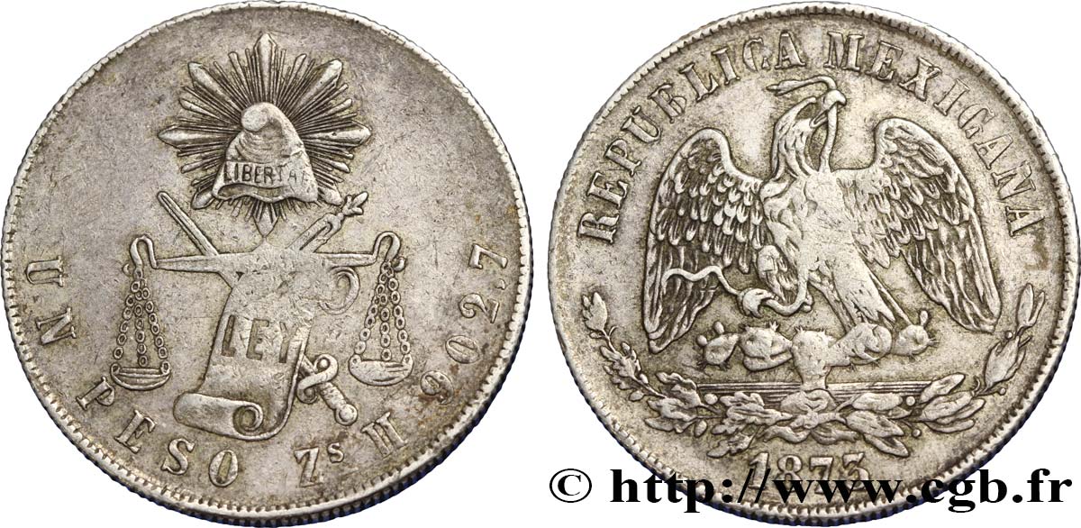 MÉXICO 1 Peso aigle 1873 Zacatecas MBC 