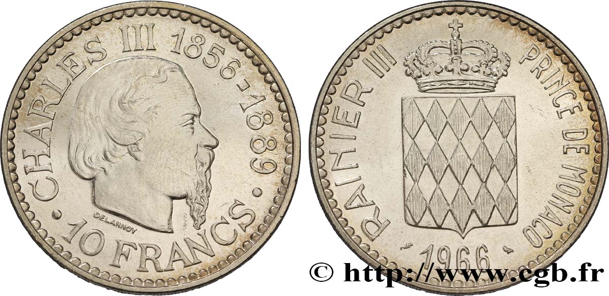 MONACO 10 Francs Charles III 1966 Paris EBC+ 