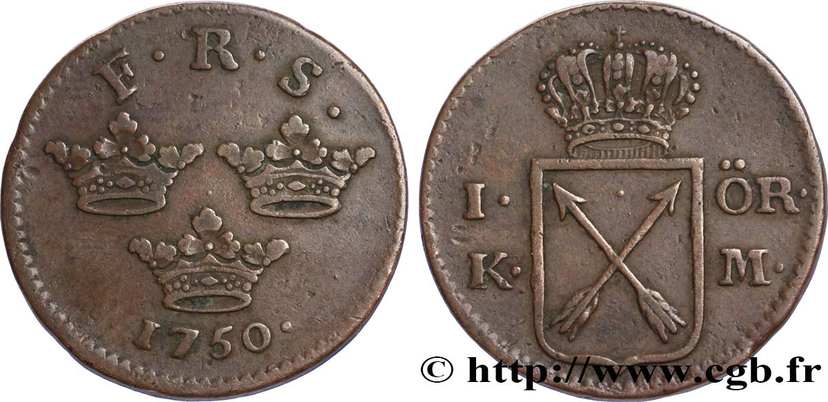 SWEDEN 1 Ore 3 couronnes Frédéric I 1750  XF 