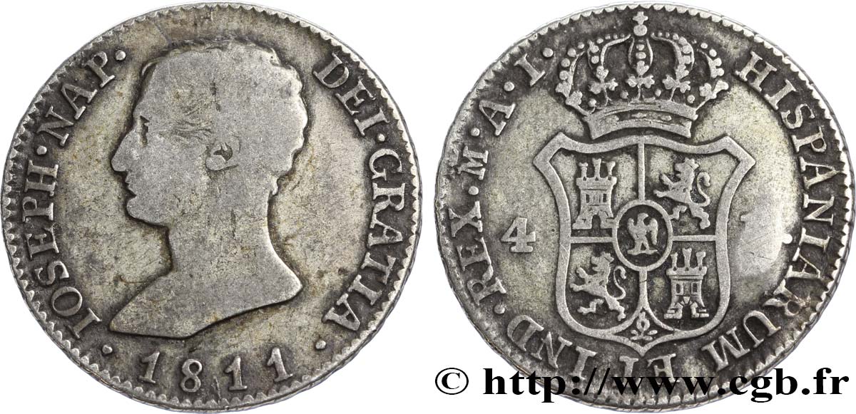 SPAGNA - REGNO DI SPAGNA - GIUSEPPE NAPOLEONE 4 reales 1811 Madrid q.BB 