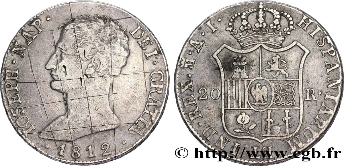 SPAIN - KINGDOM OF SPAIN - JOSEPH NAPOLEON 20 reales ou 5 pesetas 1812 Madrid XF 