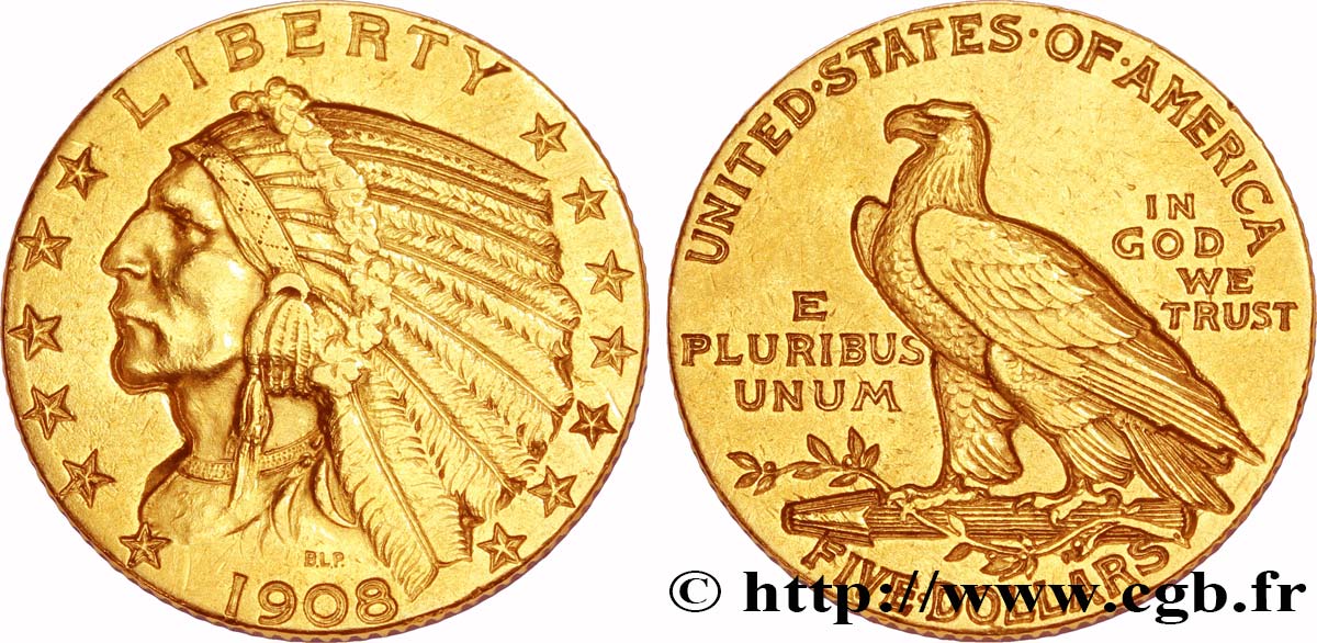 ÉTATS-UNIS D AMÉRIQUE 5 Dollars or  Indian Head  1908 Philadelphie TTB+ 