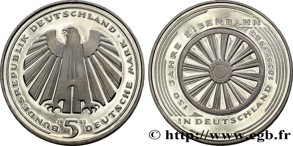 ALEMANIA 5 Mark Proof aigle héraldique / 150e anniversaire des chemins de fer allemands 1985 Karlsruhe EBC 