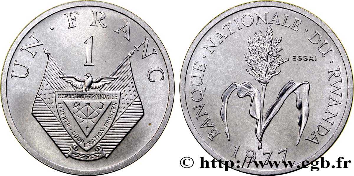 RUANDA Essai de 1 Franc emblème / mil 1977 Paris fST 