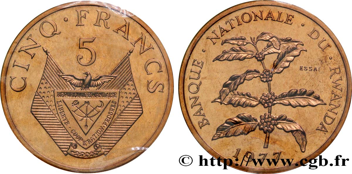 RWANDA Essai de 5 Francs emblème / caféier 1977 Paris MS 