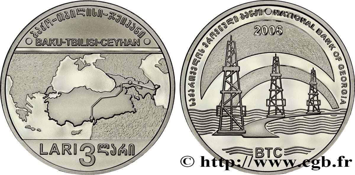 GEORGIA 3 Lari oléoduc Bakou - Tbilissi - Ceyhan : carte / 3 puits de pétrole 2006 Mennica Polska MS 