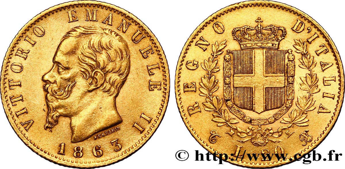 ITALIEN 20 Lire Victor Emmanuel II 1863 Turin fVZ 