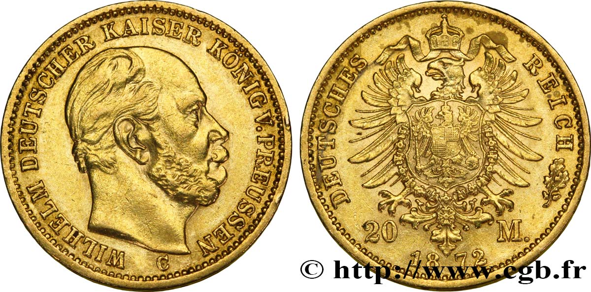 GERMANIA - PRUSSIA 20 Mark Guillaume Ier, 1e type 1872 Francfort  q.SPL 