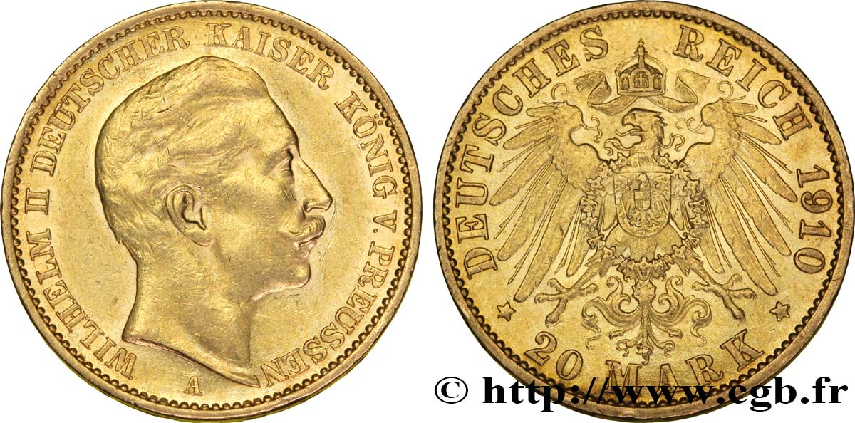 ALEMANIA - PRUSIA 20 Mark Guillaume II 1910 Berlin EBC 