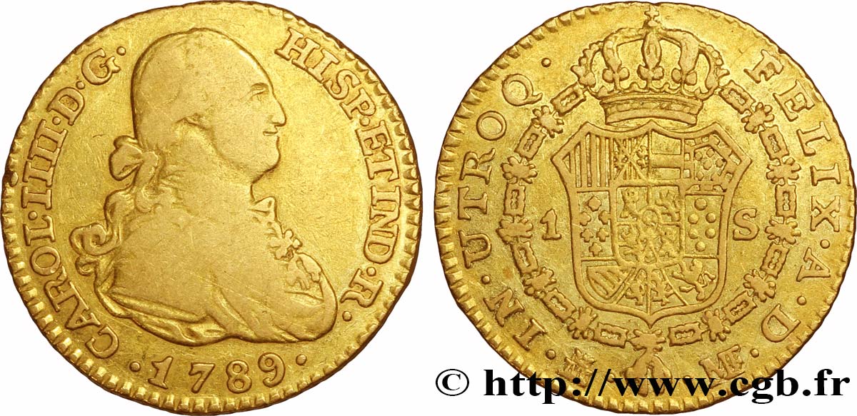SPAGNA 1 Escudo OR Charles IIII / écu couronné 1789 Madrid MB 