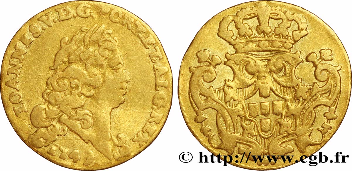 PORTOGALLO 1/2 Escudo Or (800 Reis) Jean V 1749 Lisbonne MB 