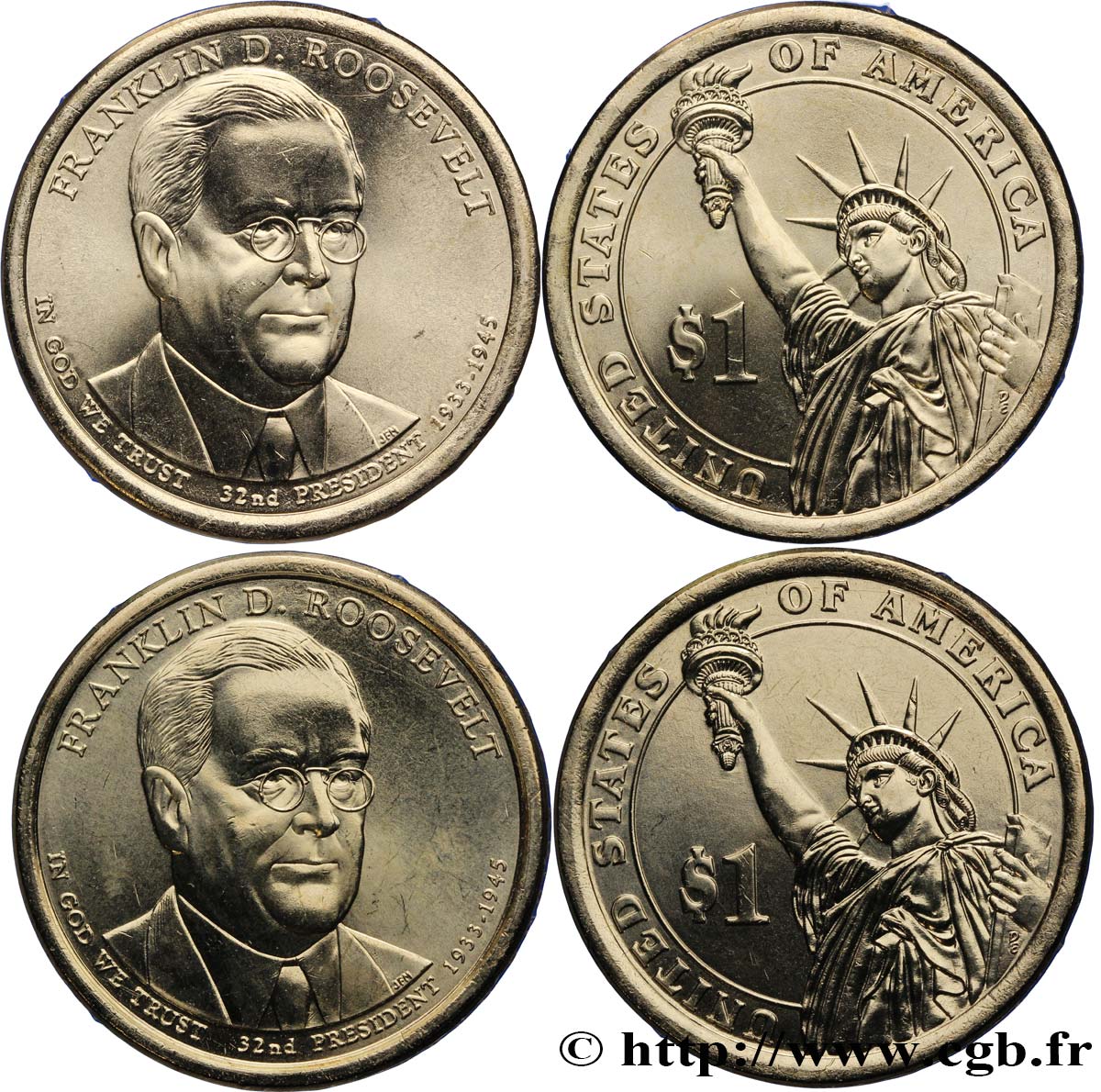 ÉTATS-UNIS D AMÉRIQUE Lot de deux monnaies 1 Dollar Franklin Delano Roosevelt 2014 Denver FDC 
