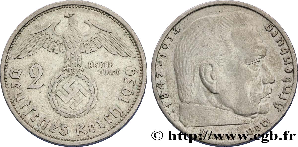 DEUTSCHLAND 2 Reichsmark aigle surmontant une swastika / Maréchal Paul von Hindenburg 1939 Berlin SS 